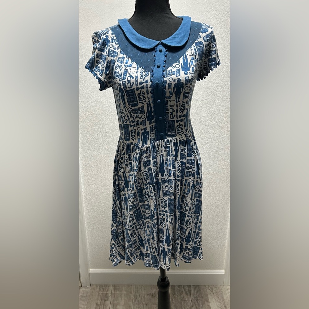 Doctor Who Knee Length Peter Pan Collar Dress - Small - Blue & Whit - Used
